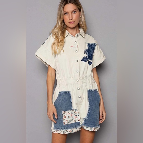 POL Pants - POL Embroidered Patchwork Collar Button Down Color Block Floral Denim Romper